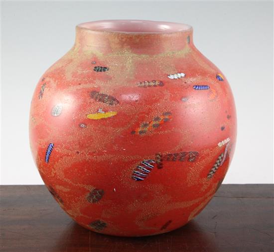 A rare and early Monart red and millefiori glass vase, c.1924, 24cm